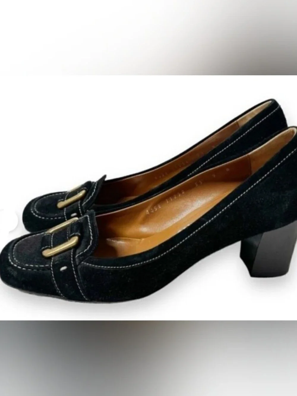 Salvatore Ferragamo - Black Suede Chunky Heel w/Gold Buckle Accent - Sz 7.5